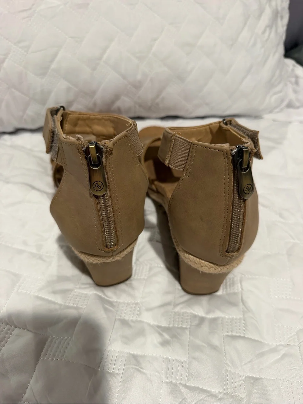 Adrienne Vittadini Taupe Strap Wedge Sandals